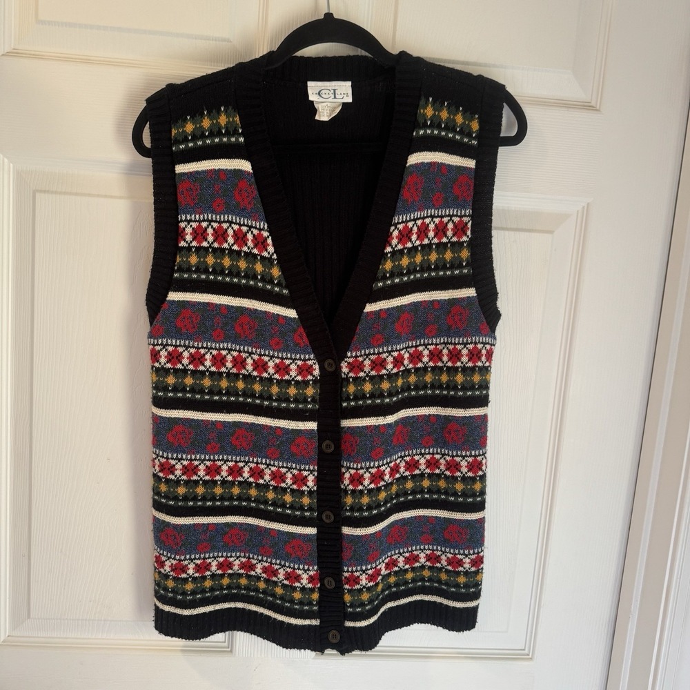 Cricket Lane VTG Knit‎ Vest Cardigan Sweater Size M Made In USA Holiday Grandma